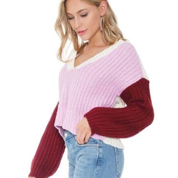 Wildfox NWT Color Me Beverly Chunky Knit Cropped Sweater pink cream red Med - Picture 8 of 12